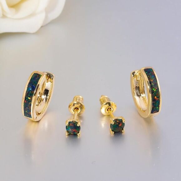 14K Yellow Gold Genuine Green Black Fire Opal Huggie and Stud Earrings Set of 2 - Picture 3 of 5